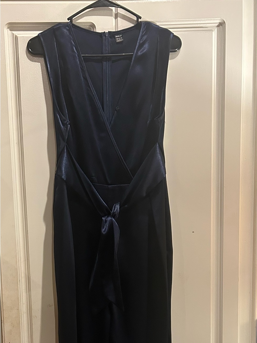 Navy Satin Wrap-Front Jumpsuit - Picture 3 of 15